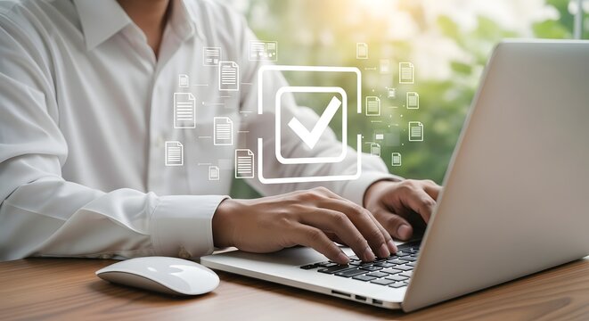 Man Working on Laptop with Checkmark and Data Overlay - Business and Technology Concept