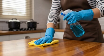 Woman Cleaning a Wooden Kitchen Table with Spray and Microfiber Cloth, Domestic Chores and Housekeeping Concept