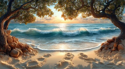 Beach with footprints in the sand travel concept