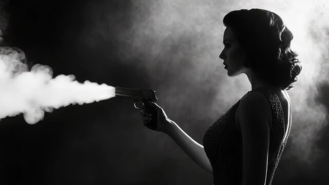 A woman holds a gun with smoke emanating from the barrel