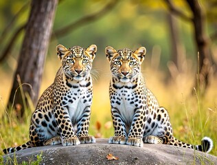 Naklejka premium Two Leopards Sitting on Rock in Forest with Trees and Grass Around