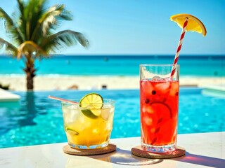 Obraz premium Two Glasses of Drinks on Table by Pool with Palm Tree and Blue Sky