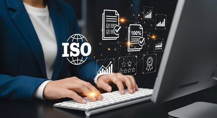 Business Professional Working on Computer with ISO Certification Icons Overlayed