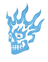 Blue Flame Skull Trippy Line Art – Psychedelic Skull Design for Streetwear & Stickers
