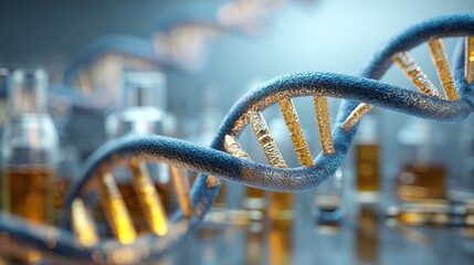 DNA double helix with lab equipment, centrifuges in background, gold and blue, genetics research