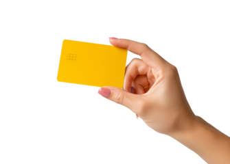 Close-up of a woman's hand holding a yellow credit card, isolated on a white or transparent background, in a minimalistic style with a simple photo