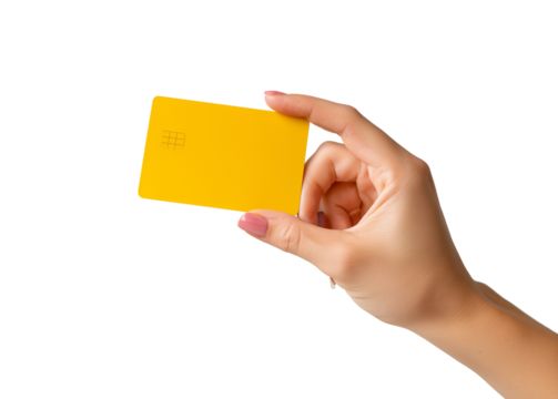 Close-up of a woman's hand holding a yellow credit card, isolated on a white or transparent background, in a minimalistic style with a simple photo