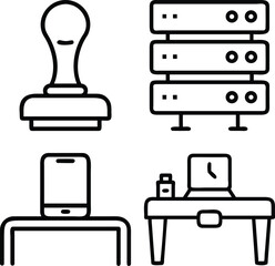 A collection of four simple line-art icons representing office supplies and technology, including a stamp, server rack, smartphone, and a desk with a laptop.