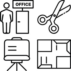 A collection of four distinct line art icons representing common office elements and concepts, presented in a grid layout.