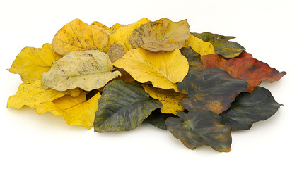 A pile of colorful autumn leaves in shades of yellow, green, and red on a white background.