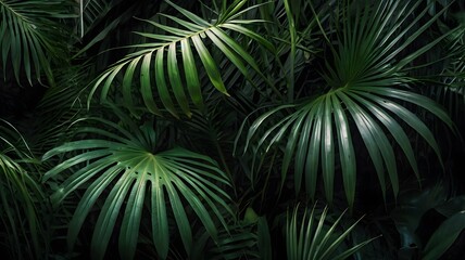 Fototapeta premium Tropical lush green palm leaves close-up, a vibrant and dense foliage backdrop, creating a feeling of exotic jungle serenity and natural beauty