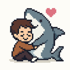 Fototapeta premium Pixelated boy embraces shark with love, cute heart symbol, representing friendship & affection