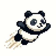 Naklejka premium Dynamic pixel art panda soaring through the air with energetic motion and playful charm