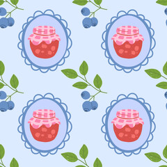 Cute seamless pattern with jam and blueberries on a light background