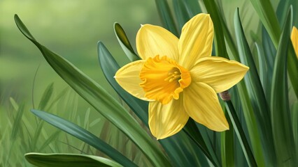 Obraz premium A single yellow daffodil flower with green leaves against a blurred green background in a garden setting