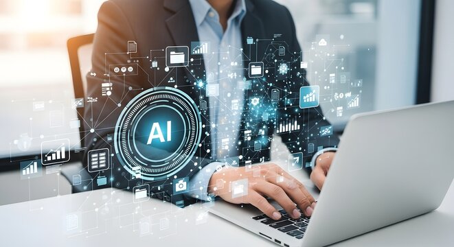 Businessman Working on Laptop with AI Data Overlay