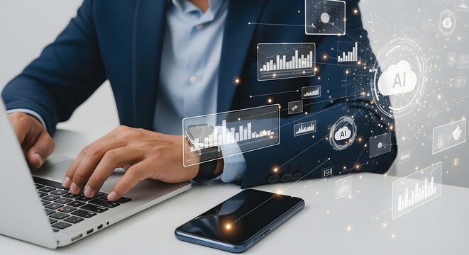 Businessman Working on Laptop with AI Data Visualization