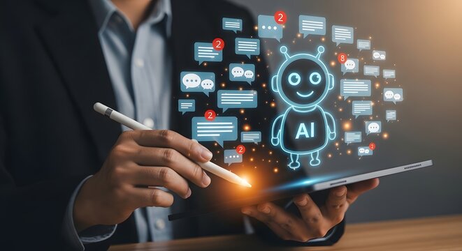 Businessman Working on Tablet with AI Chatbot Interface