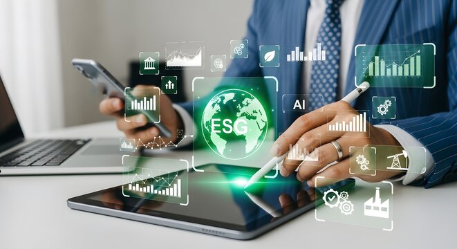 Businessman Working on Tablet with ESG and AI Data Visualization