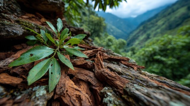 Macro view of Cinchona tree bark and leaves amidst Andean montane forest in Peru