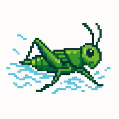 Obraz premium Charming pixel art grasshopper leaping across water, a whimsical and vibrant design element