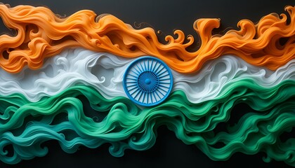 Abstract flowing waves in vibrant orange white and green colors with a central blue wheel symbol