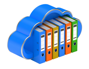 Stack of Colorful 3D Document Binders Integrated into a Cloud Shape, Isometric View, Transparent Background PNG