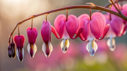 Fototapeta premium Close up shot of a branch with several pink bleeding heart flowers hanging down in soft focus light