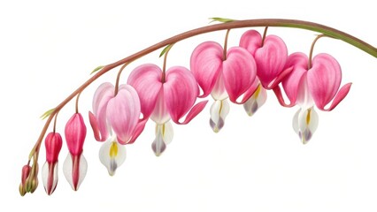Fototapeta premium A branch of bleeding heart flowers with pink and white petals isolated on a white background view