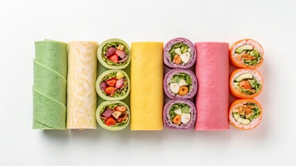Colorful spring rolls arranged in a row on a white background showcasing vibrant ingredients inside