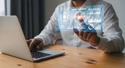 Man Interacting with Holographic Data Display on Laptop