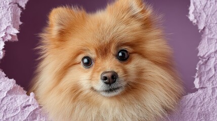 Obraz premium Miniature Pomeranian dog peeks through torn lavender paper with a curious expression