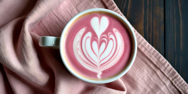 Overhead view of a pink latte with heart shaped latte art on a pink cloth and wooden background
