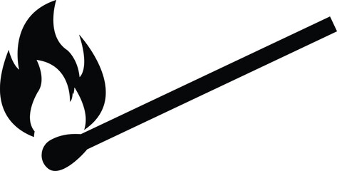 Burning matchstick icon in solid black silhouette style. Simple fire flame symbol representing ignition, flammable materials, heat source, and safety warning concepts.