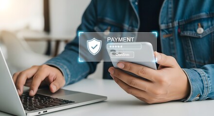 Secure online payment process using laptop and smartphone for transaction verification