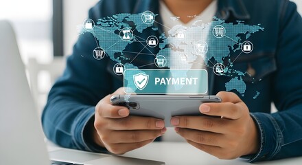 Secure mobile payments concept with global network and online shopping icon connections