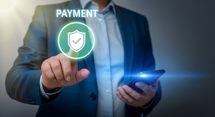 Secure online payment technology concept with mobile phone and digital shield icon
