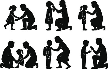 Vector art of silhouettes of mothers with children, preparing them for school isolated on white background vector