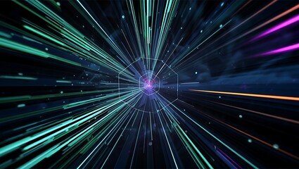 Abstract Digital Tunnel with Light Rays and Geometric Shapes Creating a Modern and Futuristic Background Visual