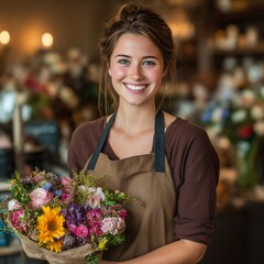 Softly lit boutique employee holding a fresh, vibrant bouquet with ample copy space for marketing