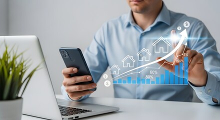 Business professional analyzing stock growth trends using smartphone and digital tools insight