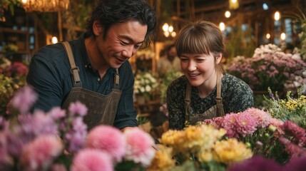 Florist Assisting Customer with Bouquet Selection in Cozy Flower Shop, Focus on Personalized Service