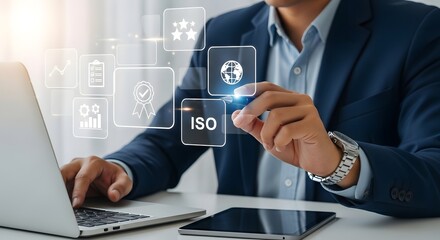 Business professional evaluating iso certification on modern digital interface display image