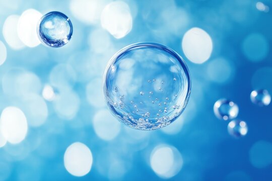 Close-up of transparent soap bubbles on a blue bokeh background, creating a dreamy water-themed banner design with space for text