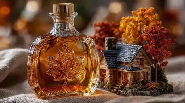 Pure Quebec maple syrup bottle with toy sugar shack and autumn leaves detail