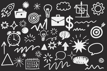 Hand drawn doodles sketch featuring various icons like rockets, light bulbs, dollar signs, and speech bubbles on a dark background. Ideal for creative projects.