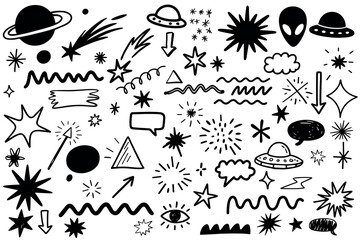 Hand-drawn doodles featuring various celestial elements. Includes stars, planets, UFOs, arrows, and abstract shapes in black on a white background.