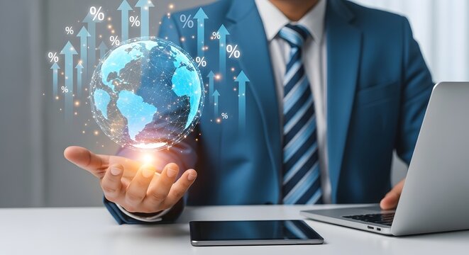 Businessman with digital globe and growth arrows in futuristic financial concept design