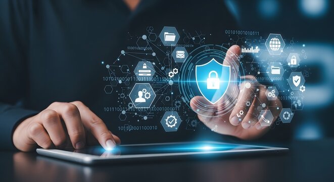 Cybersecurity concept with tablet and digital icons ensuring data protection techniques