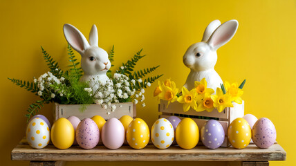 A bright Easter-themed still life composition against a solid yellow background